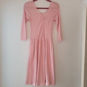 Baby pink Stretch Fit and Flare V Neck Long Sleeve Dress Pockets